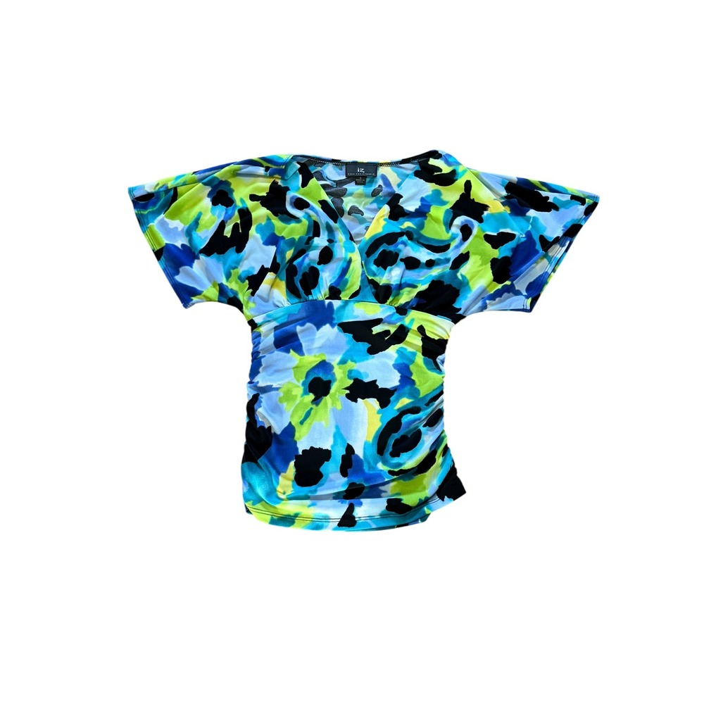 iz Byer California Womens Small Blue Green Abstract Floral Surplice Ruched Top - Picture 2 of 8